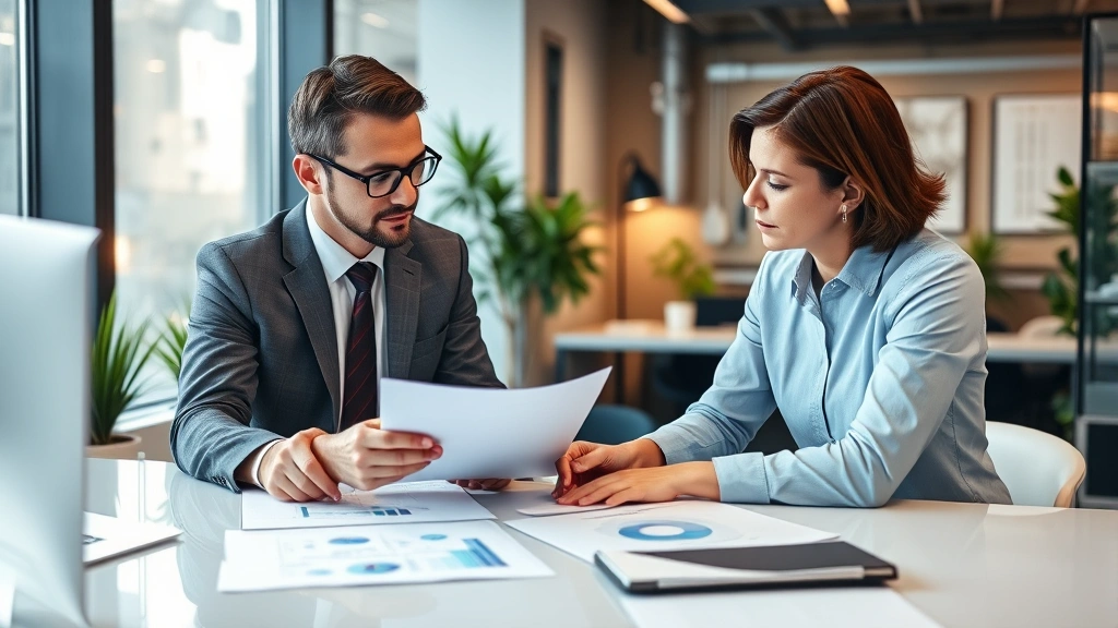 Financial advisor and client having consultation in modern office, reviewing documents and charts on desk, professional setting with plants, warm lighting, collaborative discussion, photorealistic