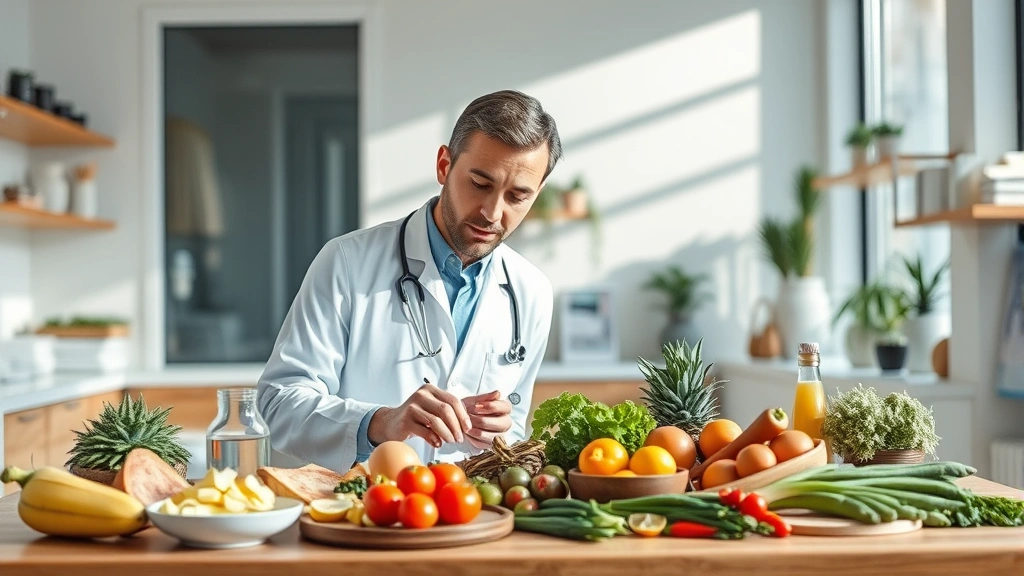 Professional male nutritionist in modern clinic analyzing food samples, Mediterranean diet ingredients visible on wooden table, natural lighting, health-focused atmosphere, no text or charts visible