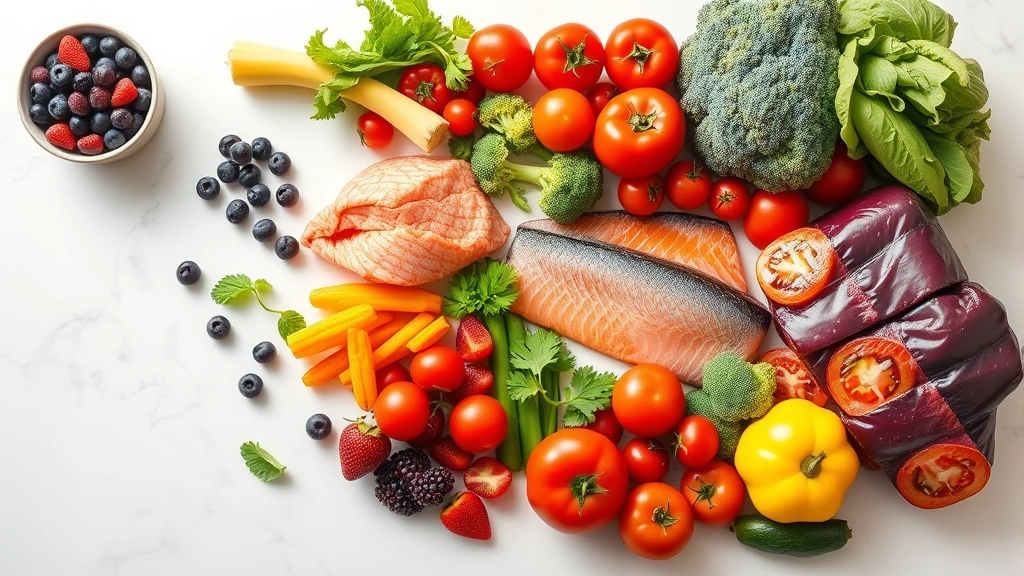 Vibrant colorful vegetables and fresh fish arranged on white marble countertop, healthy meal preparation setting, whole foods including berries tomatoes broccoli salmon, bright natural daylight, no labels or text