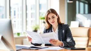 Professional woman in business attire reviewing financial documents at modern office desk with natural light, confident expression, contemporary workspace setting