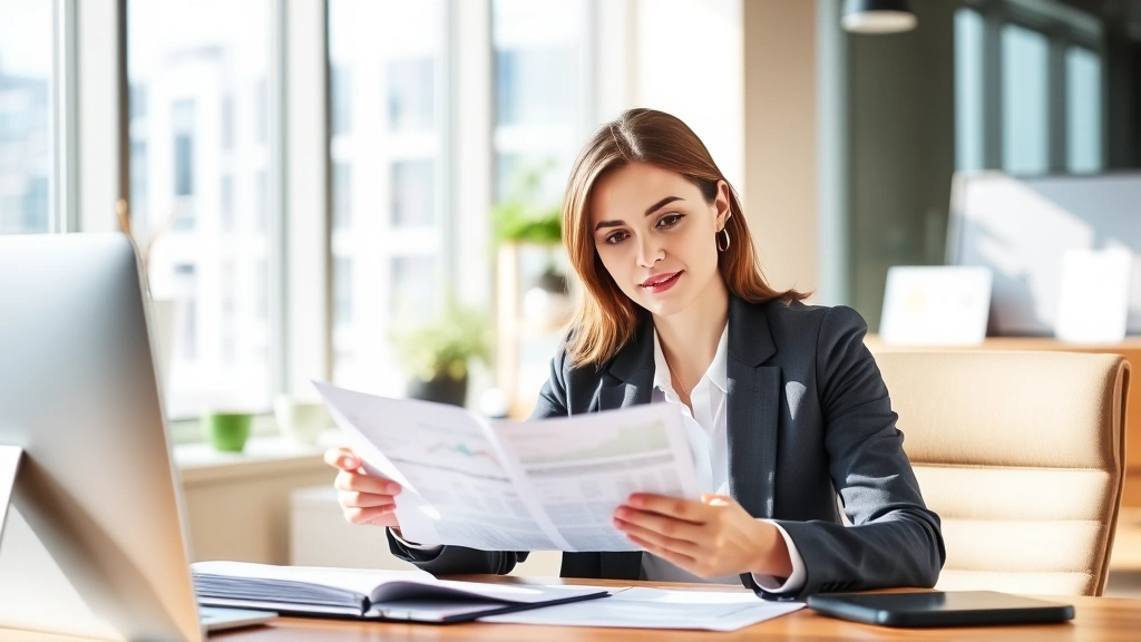 Professional woman in business attire reviewing financial documents at modern office desk with natural light, confident expression, contemporary workspace setting