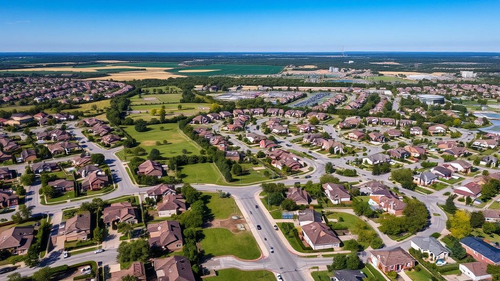 Aerial view of suburban Denton Texas neighborhood showing residential properties, green spaces, and modern development with clear blue sky