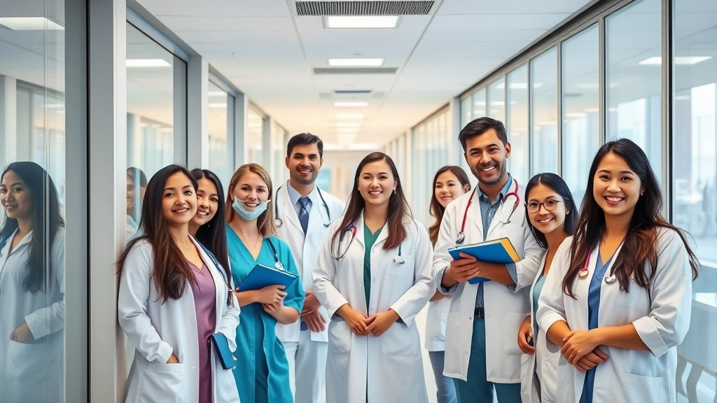 Diverse group of healthcare professionals in modern clinic corridor, smiling and collaborating, representing career growth and professional advancement in medical field