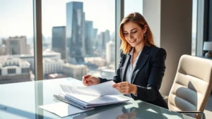 Professional woman in business attire reviewing financial documents at modern desk with Dallas-Fort Worth cityscape visible through office window, sunlight streaming in, confident expression, upscale office environment