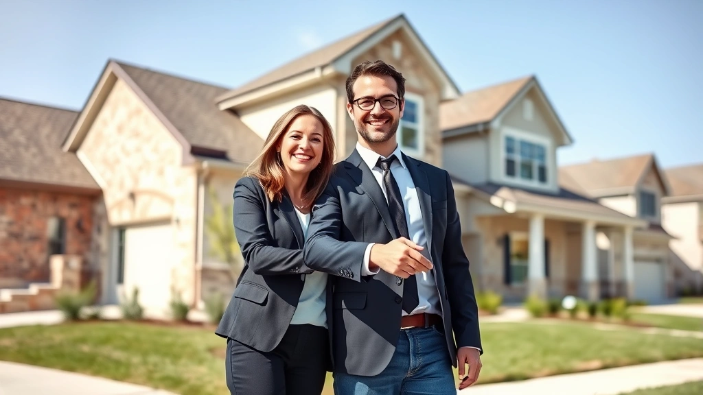 Successful businessman and businesswoman shaking hands in front of new residential property, both smiling, professional casual clothing, suburban Frisco neighborhood with modern homes in background, clear sunny day