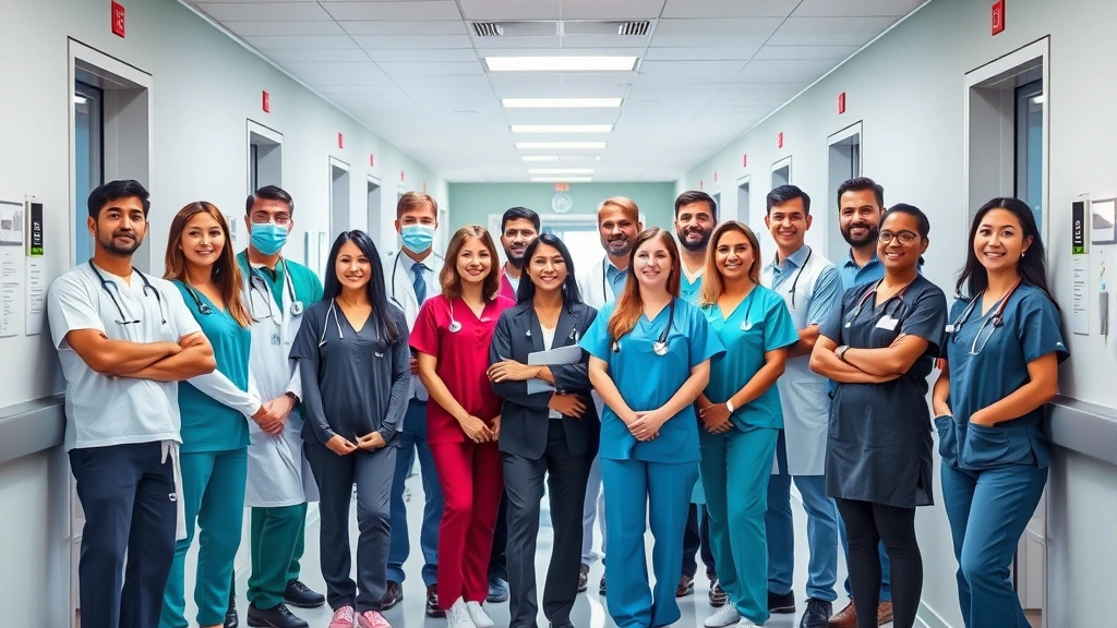 Diverse group of healthcare professionals in modern medical facility corridor, wearing scrubs and professional attire, confident postures, state-of-the-art hospital environment, collaborative atmosphere, natural lighting