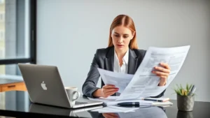 Professional woman in business attire reviewing financial documents at modern desk with laptop and coffee cup, natural window light, focused expression