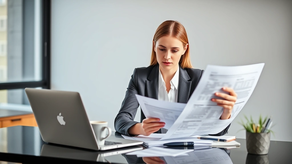 Professional woman in business attire reviewing financial documents at modern desk with laptop and coffee cup, natural window light, focused expression