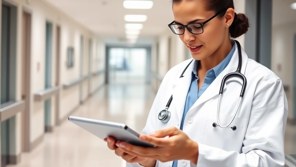 Healthcare professional in white coat reviewing digital tablet with patient charts visible, modern hospital corridor background, professional confident demeanor