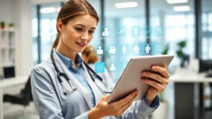 Professional woman using tablet reviewing digital health records with healthcare provider icons displayed on screen, modern medical office background, focused expression