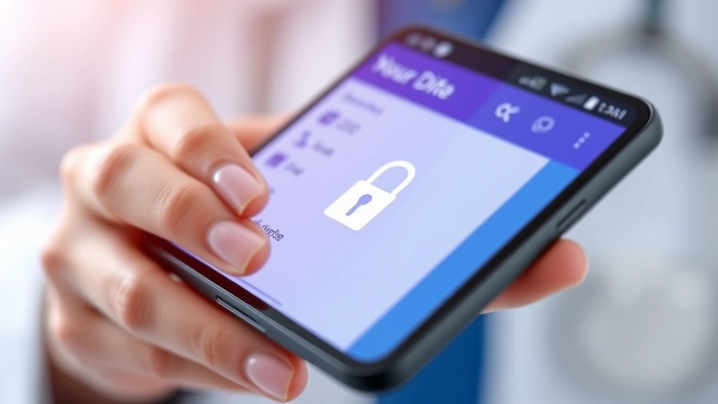 Close-up of smartphone displaying secure patient portal interface with medical data, lock security symbol visible, hands holding device, soft clinical lighting