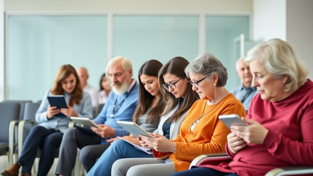 Diverse group of patients in waiting room, some reviewing health information on personal devices and tablets, calm professional healthcare setting, natural daylight