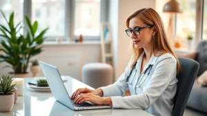 Professional woman working on laptop reviewing medical records and health data on screen, modern home office environment with wellness elements, natural lighting, focused and confident expression