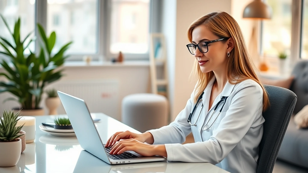 Professional woman working on laptop reviewing medical records and health data on screen, modern home office environment with wellness elements, natural lighting, focused and confident expression