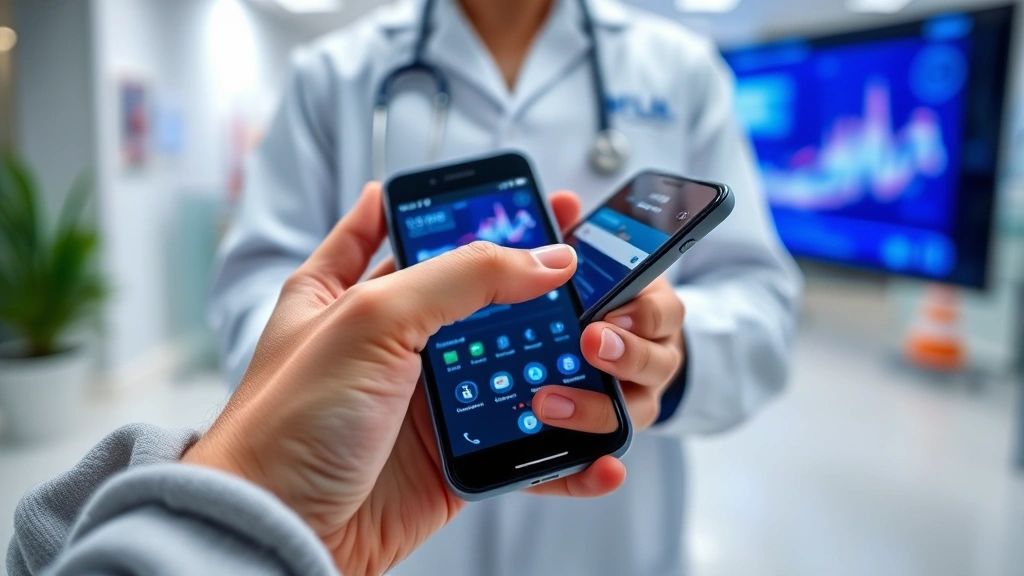 Close-up of hands using smartphone to access healthcare app on mobile device, medical dashboard interface visible on screen, healthcare professional in background, modern clinic setting