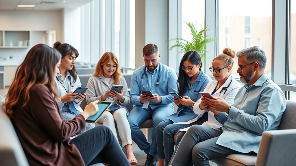 Diverse group of patients in modern medical waiting room using tablets and smartphones for online health management, comfortable contemporary healthcare facility design, natural window lighting
