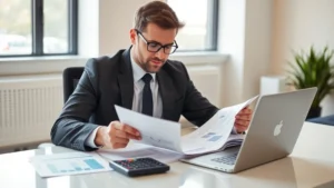 Professional in business attire reviewing financial documents and healthcare statements at modern desk with laptop and calculator, natural office lighting