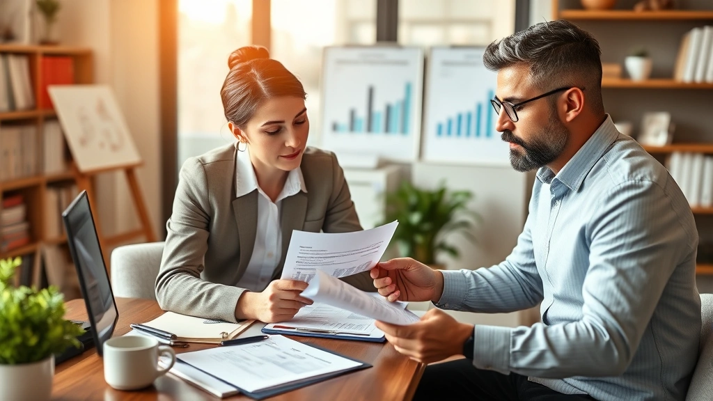 Diverse financial advisor meeting with client reviewing medical bills and insurance documents, warm professional setting with charts and graphs visible