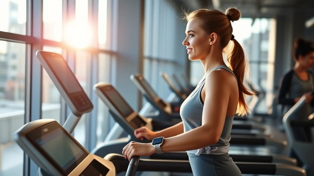 Professional woman in business attire exercising on a treadmill in a modern gym, morning sunlight streaming through large windows, focused expression, athletic wear, health tracking watch visible, energetic and determined mood