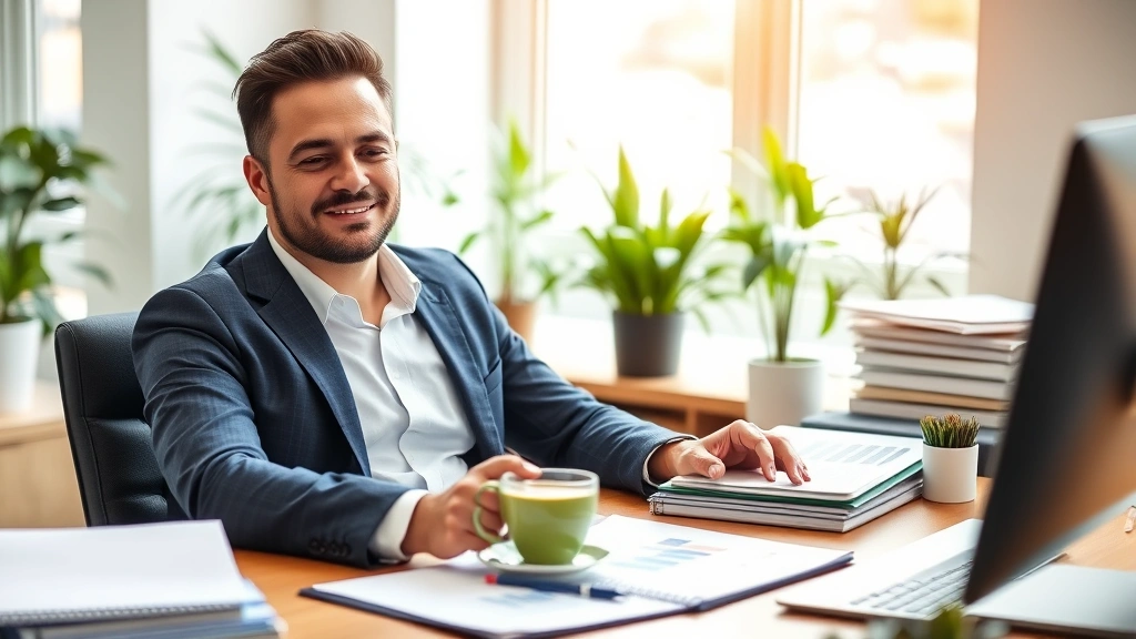 Successful businessman in office sitting at desk with organized workspace, cup of green tea, notebook with financial charts, peaceful expression, natural lighting from window, plants in background, calm and focused atmosphere