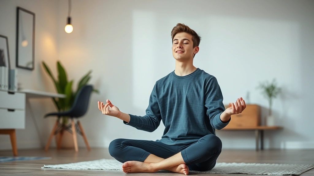 Young professional meditating in modern home office, seated on floor with good posture, minimalist background, soft natural light, peaceful expression, productivity and wellness environment, contemporary interior design