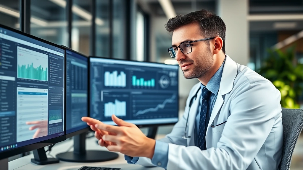 Professional healthcare administrator in modern office reviewing digital health management systems on multiple monitors, natural lighting, confident expression, contemporary workplace environment