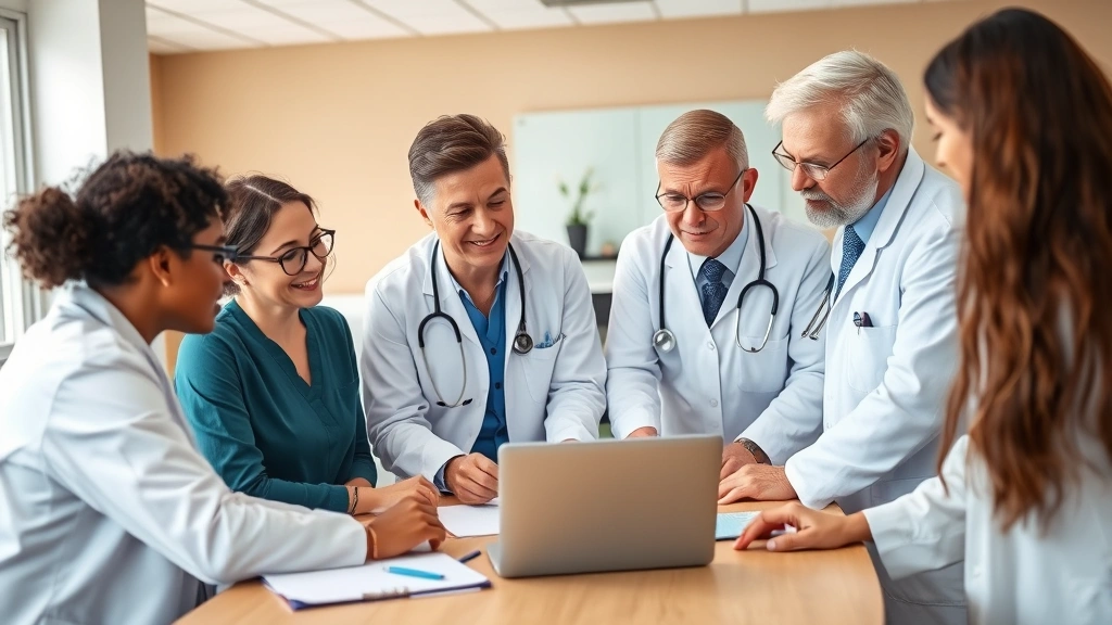 Diverse team of healthcare professionals collaborating around a table with technology, reviewing healthcare administration solutions, modern clinic or office setting, warm professional atmosphere