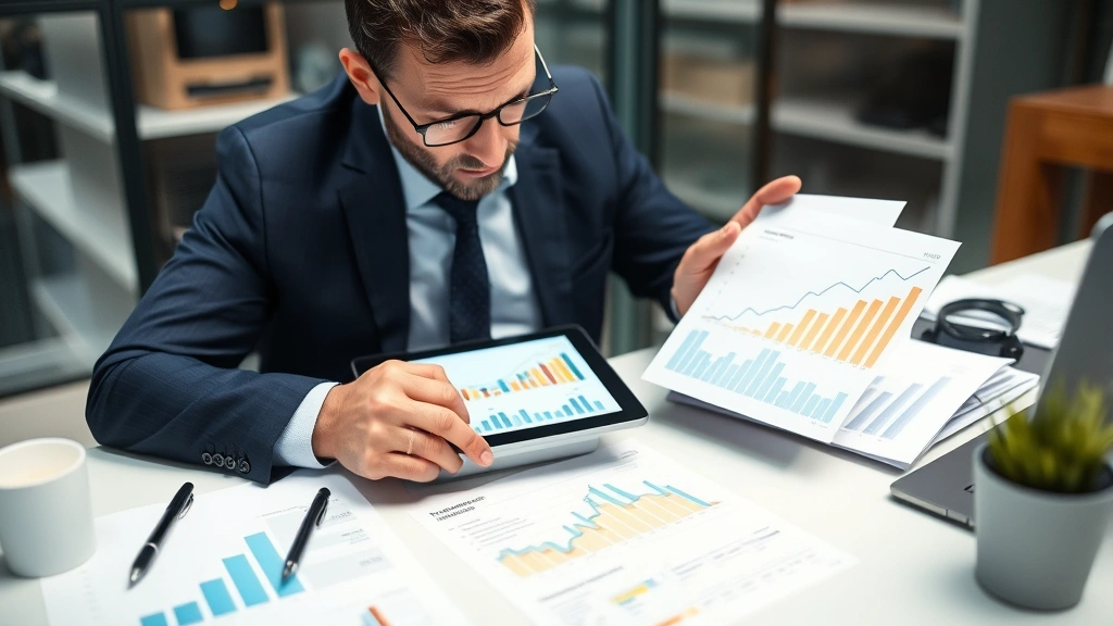 Businessman analyzing financial charts and healthcare sector growth data on tablet device, sitting at desk with healthcare-related documents, focused analytical expression, modern business environment