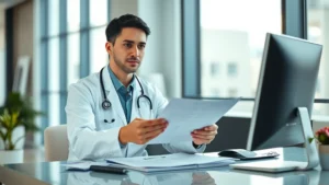 Professional healthcare worker in modern hospital setting reviewing financial documents and retirement plans at desk with computer, confident expression, natural lighting, modern office environment