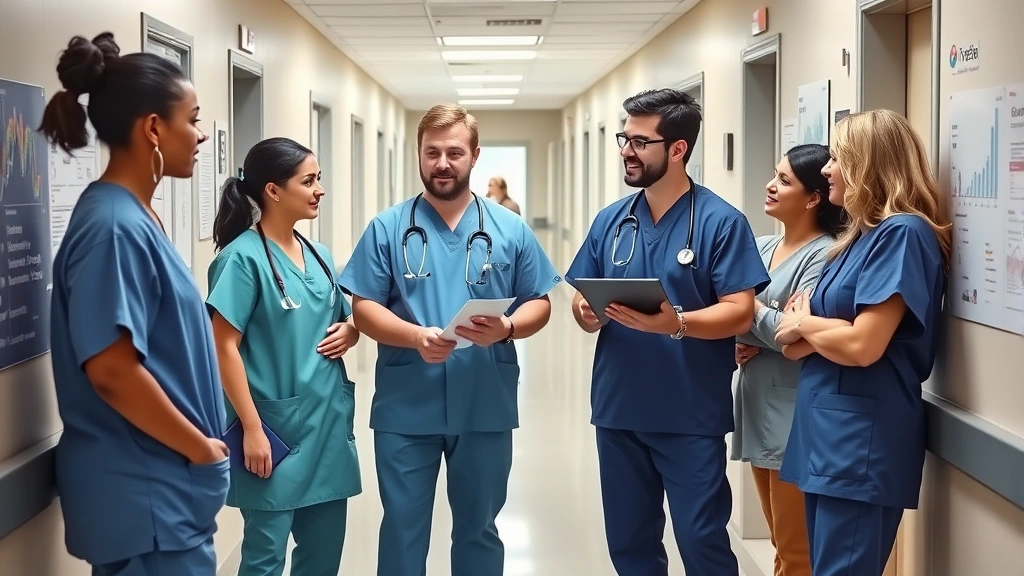 Healthcare team members in scrubs discussing financial planning with advisor in hospital corridor, diverse group, collaborative atmosphere, professional financial charts visible in background