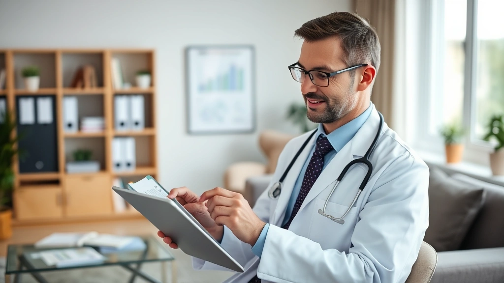 Physician or healthcare professional reviewing investment portfolio on tablet in modern home office, satisfied expression, organized workspace with professional financial planning materials visible