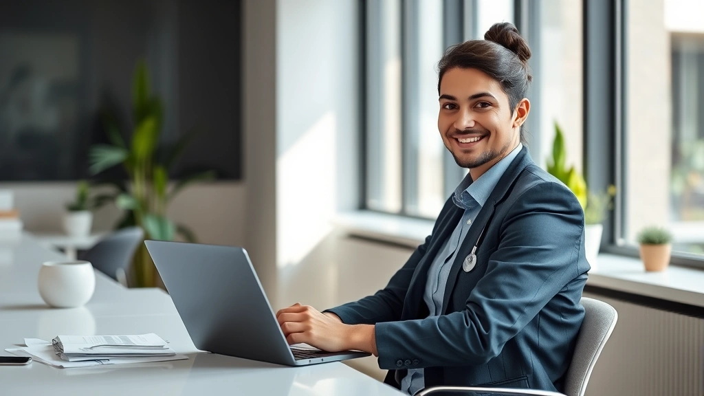 Professional healthcare worker in business attire sitting at modern office desk with laptop and financial documents, natural lighting from window, confident expression, modern office environment with plants