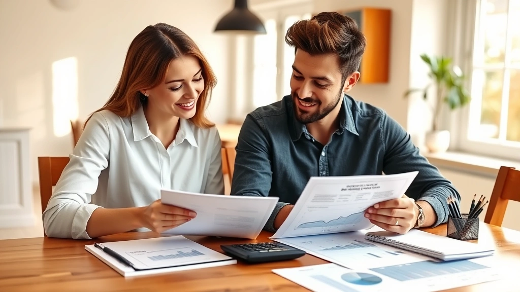 Young professional couple reviewing financial documents and charts at dining table with calculator and notebook, warm home setting, collaborative planning atmosphere, natural afternoon lighting
