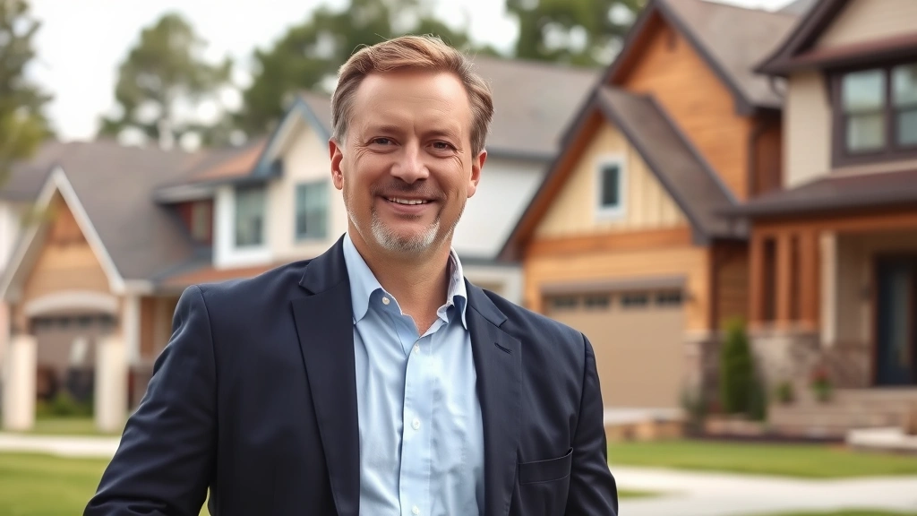 Successful middle-aged professional in business casual clothing standing in front of residential properties in suburban neighborhood, confident posture, modern homes visible, professional headshot style