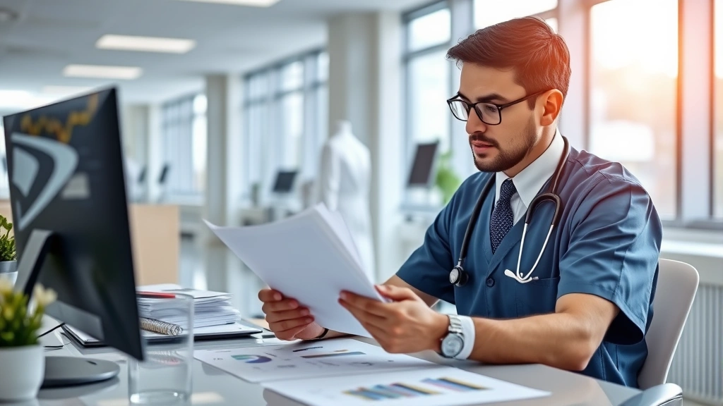 Professional healthcare worker in modern hospital setting reviewing financial documents at desk with charts and investment materials visible, natural lighting through windows showing growth trajectory
