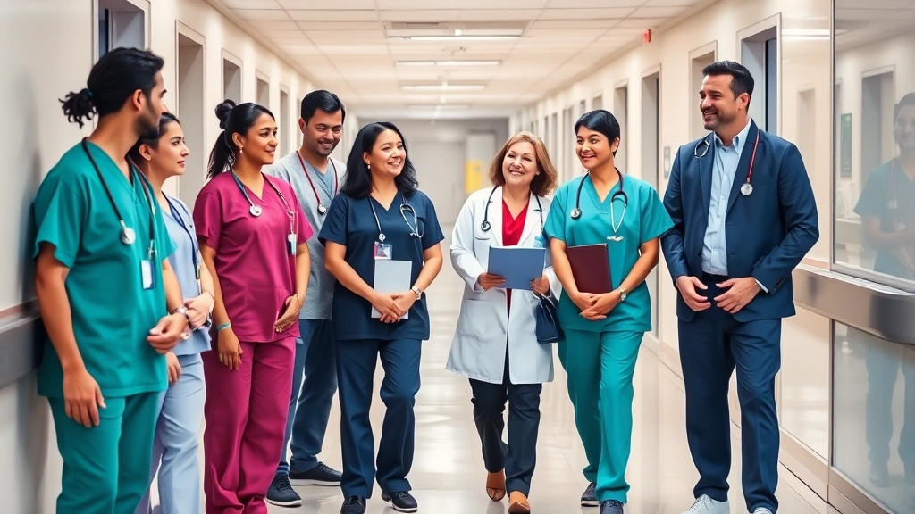 Diverse group of healthcare professionals in scrubs and business attire collaborating in contemporary hospital corridor, showcasing teamwork and career advancement in medical environment