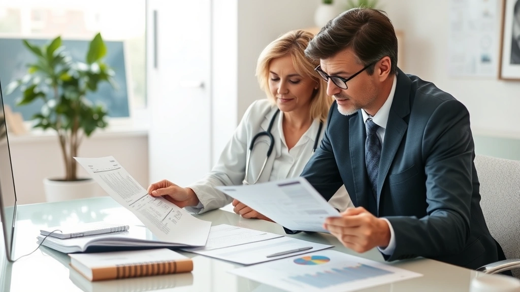 Healthcare professional planning retirement strategy with financial advisor reviewing investment portfolio documents, comfortable office setting with professional atmosphere and success indicators