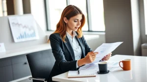 Professional woman in business attire reviewing financial documents and charts on a modern desk with a coffee cup and notebook, natural window lighting, modern office environment