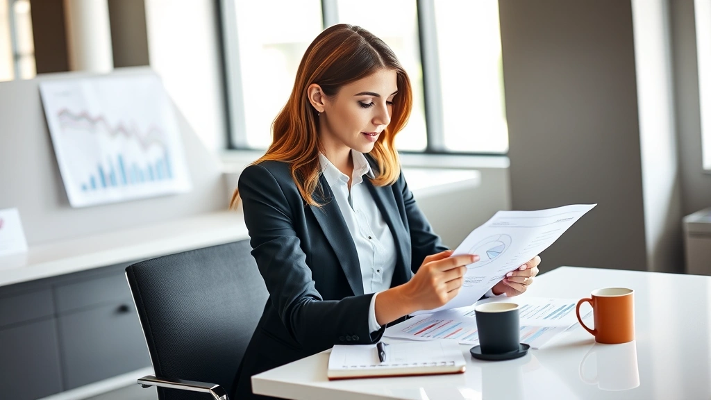Professional woman in business attire reviewing financial documents and charts on a modern desk with a coffee cup and notebook, natural window lighting, modern office environment