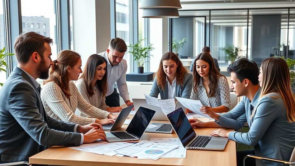 Diverse group of professionals in a modern office setting collaborating around a table with laptops and financial reports, natural lighting from large windows, contemporary workspace