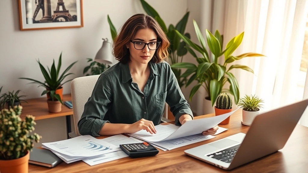 Person sitting at home office desk with laptop, calculator, and financial planning documents, surrounded by plants, warm natural lighting, focused and determined expression
