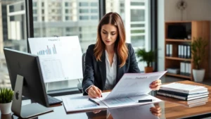 Professional woman in business attire reviewing financial charts and investment documents at modern office desk with natural lighting