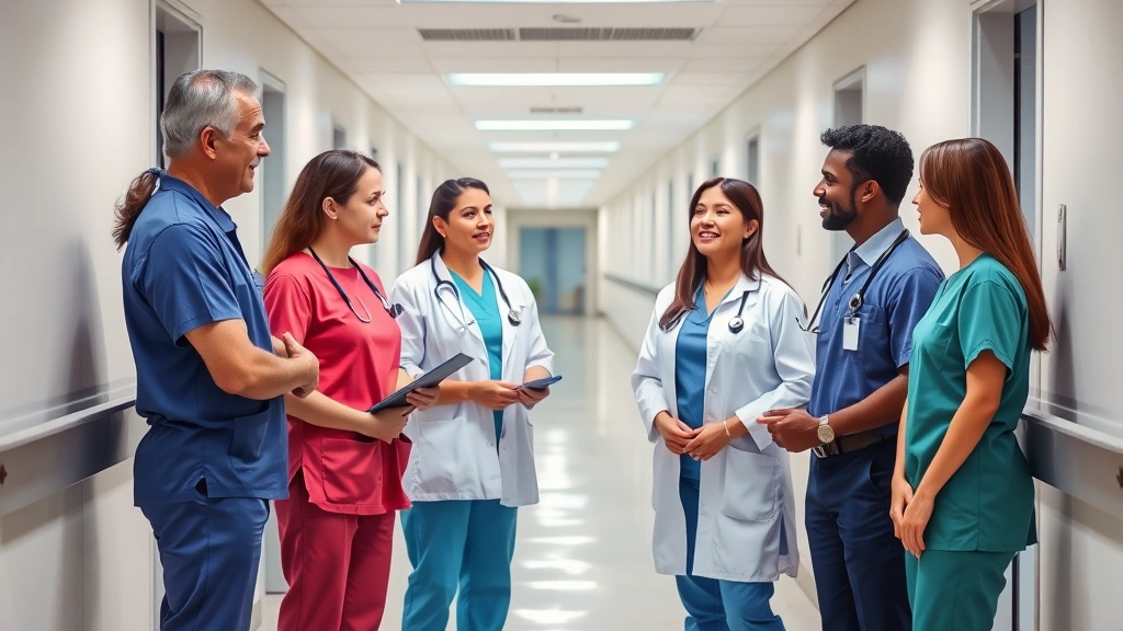Diverse group of professionals in healthcare uniforms discussing career advancement and financial planning in modern hospital corridor