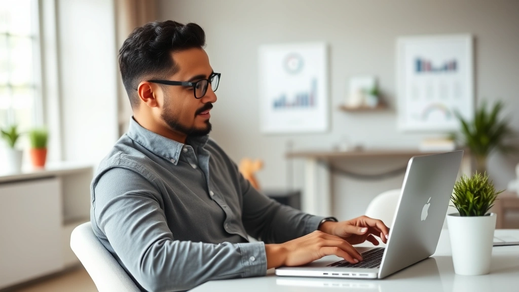 Successful entrepreneur reviewing investment portfolio and retirement accounts on laptop in contemporary home office environment