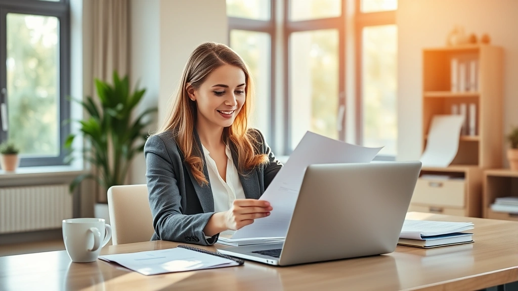 Prosperous professional woman reviewing financial documents and investment portfolio at modern home office desk with laptop and coffee, natural sunlight streaming through windows, warm professional atmosphere