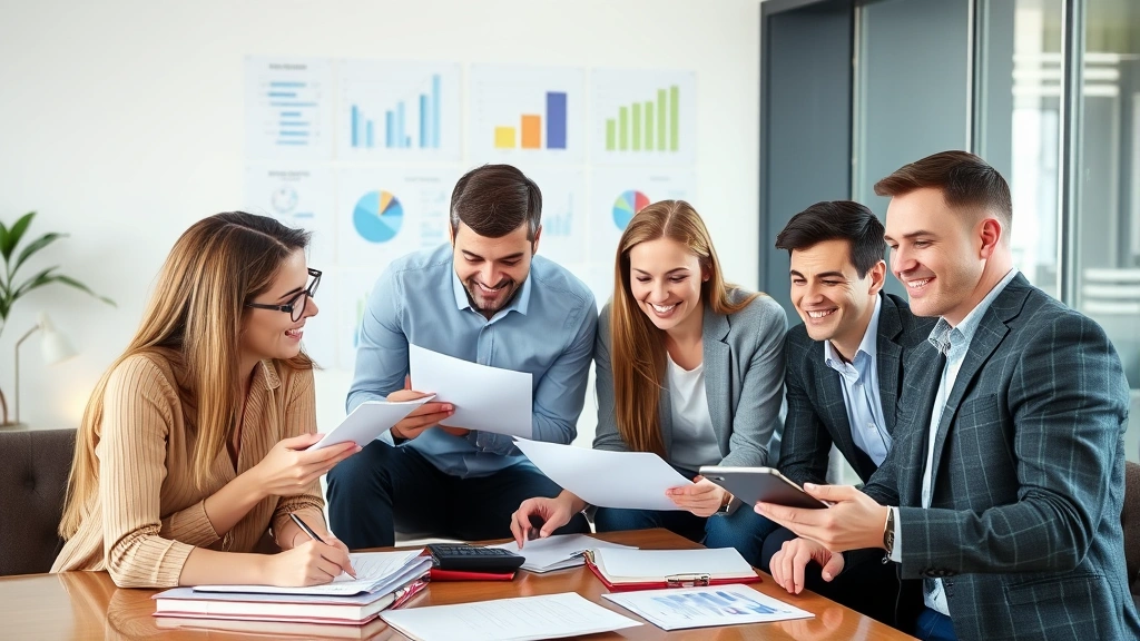 Diverse group of people in financial planning meeting with advisor reviewing charts and growth strategies, collaborative environment with notebooks and calculators visible, optimistic expressions
