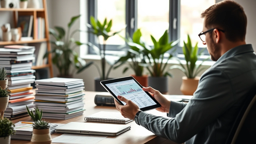 Successful entrepreneur reviewing multiple income sources on tablet device in contemporary office space, stacks of organized documents, plants and natural light creating productive wealth-building atmosphere