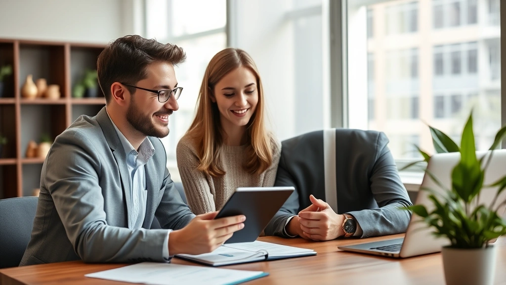 Professional financial advisor meeting with young couple at modern office desk, reviewing investment portfolio on tablet, natural lighting, confident expressions, wealth symbols subtle