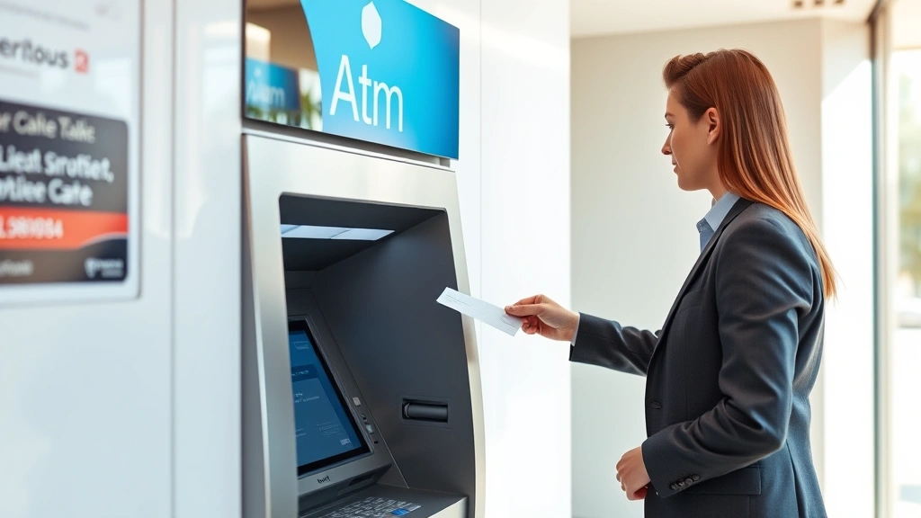 Person depositing check at bank ATM, modern minimalist banking environment, focus on financial discipline and savings action, bright natural light, professional attire