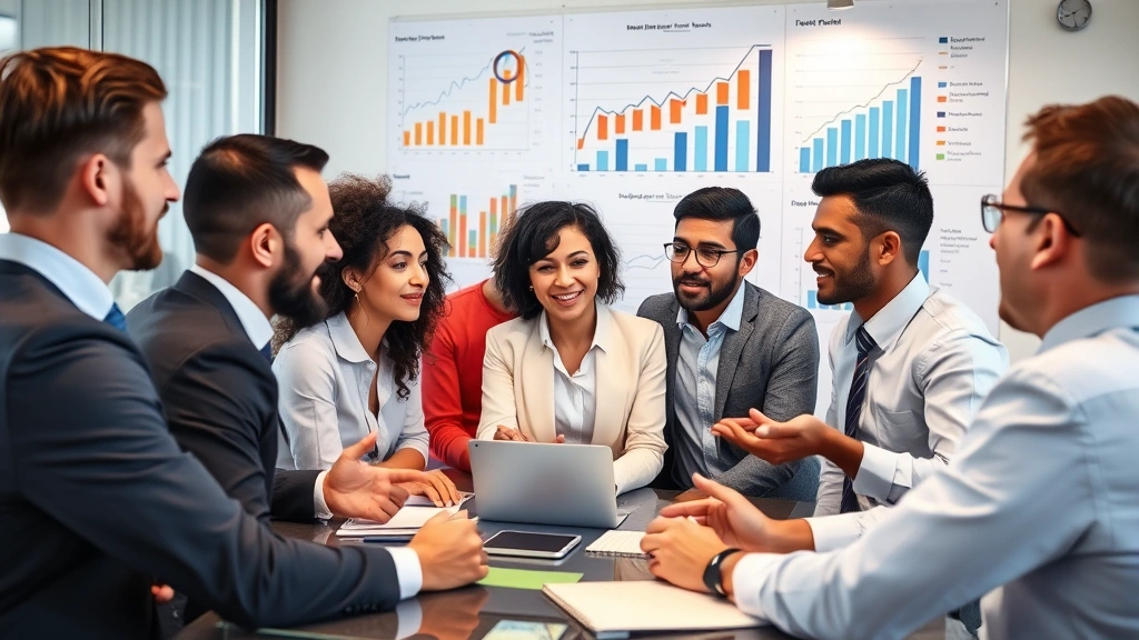 Diverse group of professionals in collaborative workspace discussing business growth, charts and graphs visible on wall, representing multiple income streams and wealth building strategies